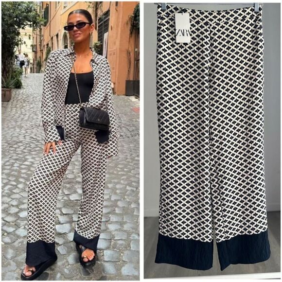 NWT Zara Printed Pants Ecru Black Medium - Picture 1 of 5